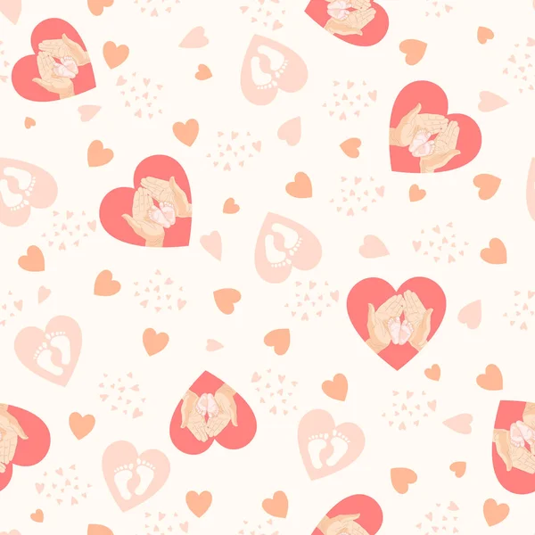 Lindo Fondo Con Corazones Pies Bebé Que Sostienen Las Manos — Vector de stock