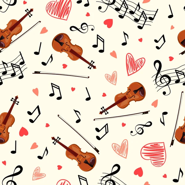 Patrón sin costuras con violines, corazones y notas sobre fondo blanco. Tema Música y amor, ilustración vectorial — Vector de stock