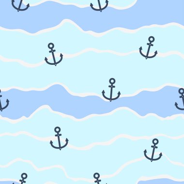 Seamless pattern blue waves or striped with wavy lines and anchors. Background summer theme. Ocean sea water texture. Striped minimalistic summer holiday background. Vector wavy decorative design for