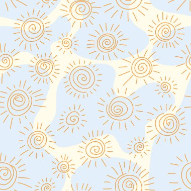 El çizimi pürüzsüz desen. Güneşle basit bir desen. El çizimi spiral güneş sembolü deseni. Vektör