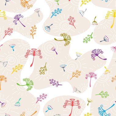 El çizimi, dikişsiz çiçek izi. Çiçekli, güneşli ve yapraklı basit bir boho deseni. Vektör