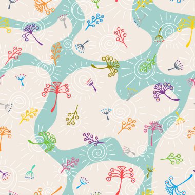 El çizimi, dikişsiz çiçek izi. Çiçekli, güneşli ve yapraklı basit bir boho deseni. Vektör