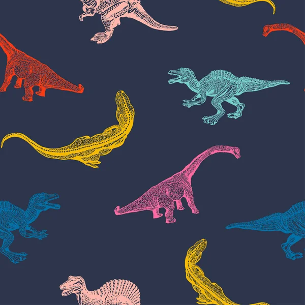 Defina o dinossauro dos desenhos animados no padrão sem costura isolado no fundo azul escuro. Vetor —  Vetores de Stock
