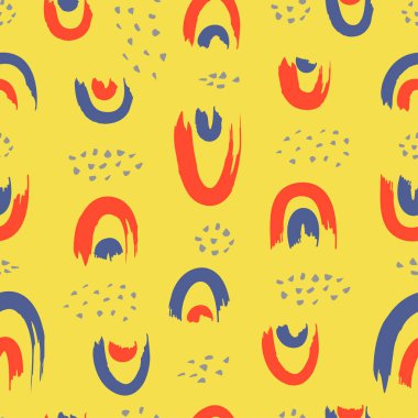 Çeşitli çizgiler, noktalar ve şekiller. Gökkuşağı şekilleri, kıvrımlar, kavisler, halkalar. Soyut el boyası fırça lekesi sarı arkaplanda tekrarlanan doku. Vektör