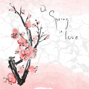 Gerçekçi sakura çiçeği - pembe bir arka plan üzerinde Japon kiraz ağacı