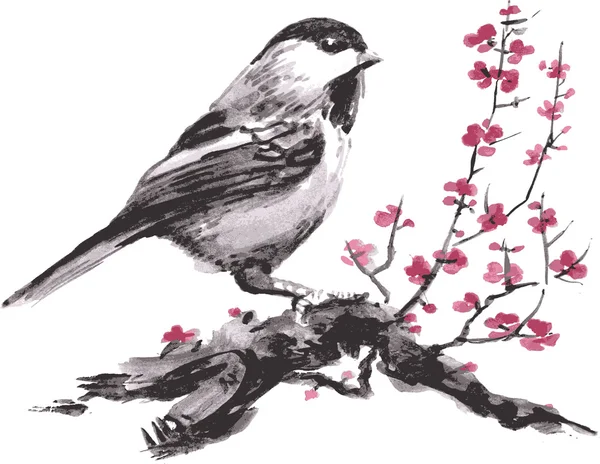 Pardal em um sakura de ramo de flor. Aquarela de vetorização — Vetor de Stock