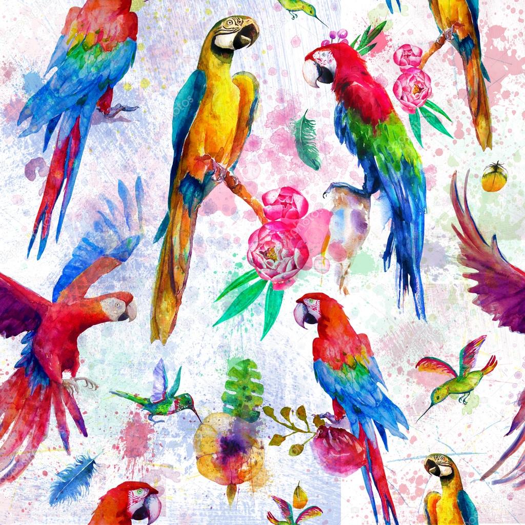 seamless pattern with watercolor parrots