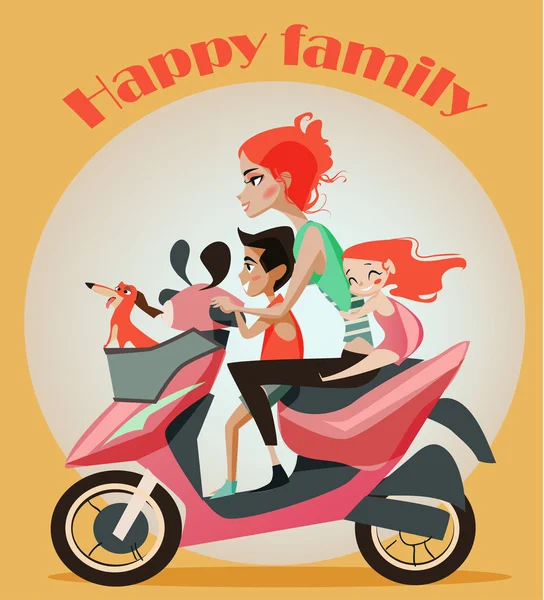 Rodzina matka i dwoje dzieci na motocykl. — Wektor stockowy