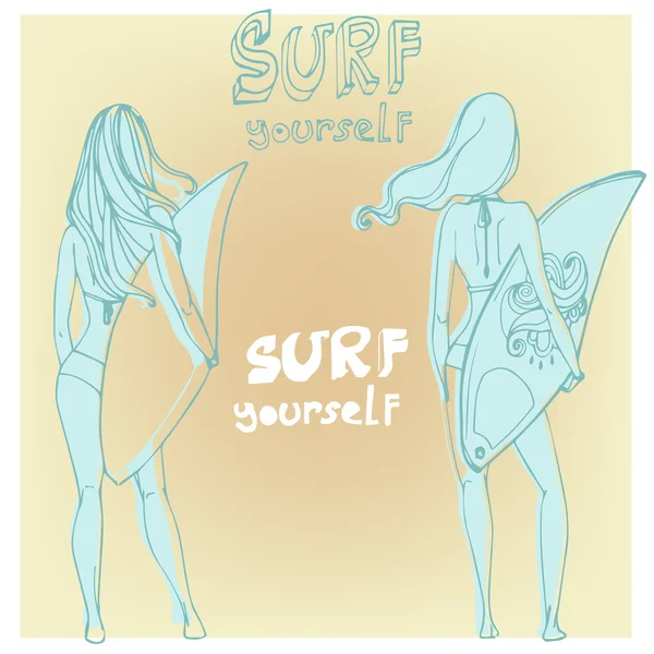 Chicas con una tabla de surf en formato vectorial — Vector de stock