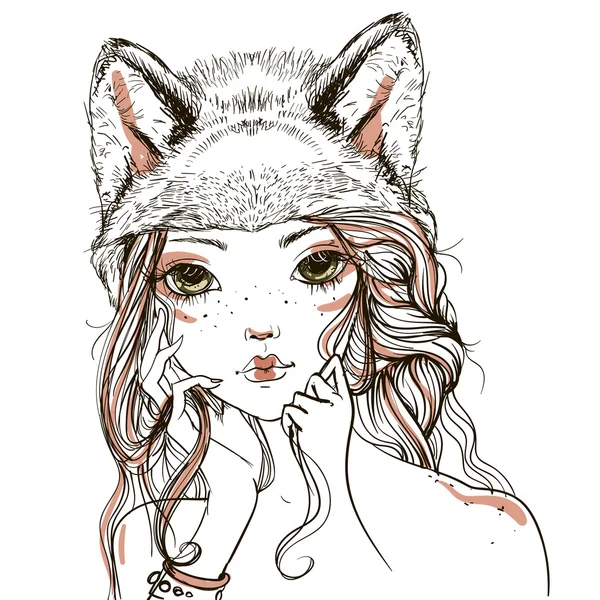 Jeune femme avec coiffe de loup — Image vectorielle