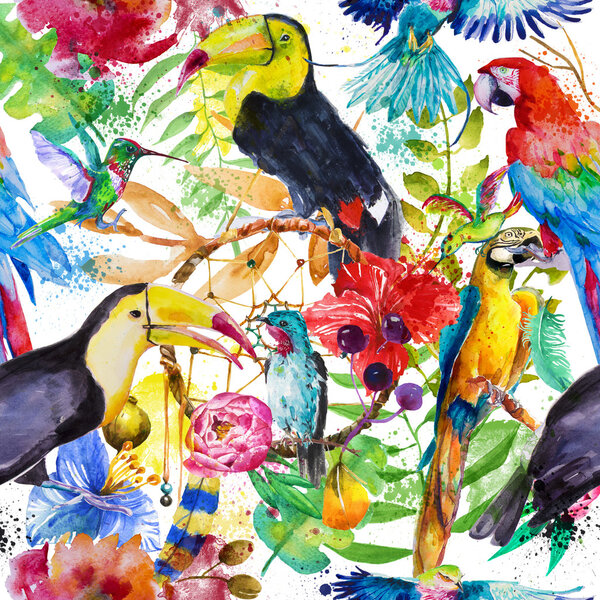 seamless pattern with watercolor parrots