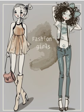 sevimli çizgi hipster kızlar