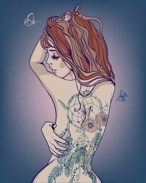 Joven hermosa mujer con tatuaje — Vector de stock