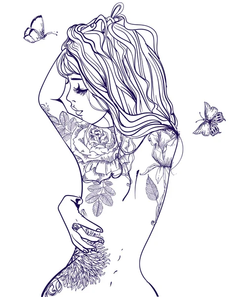 Joven hermosa mujer con tatuaje — Vector de stock