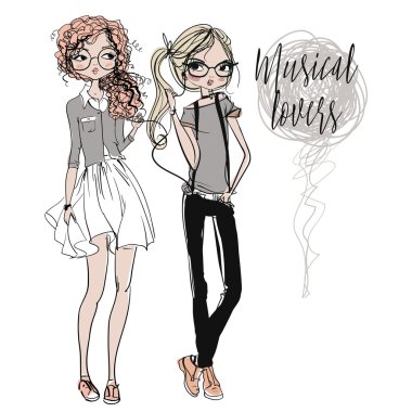 sevimli çizgi hipster kızlar