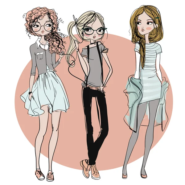 Lindo dibujos animados chicas hipster — Vector de stock