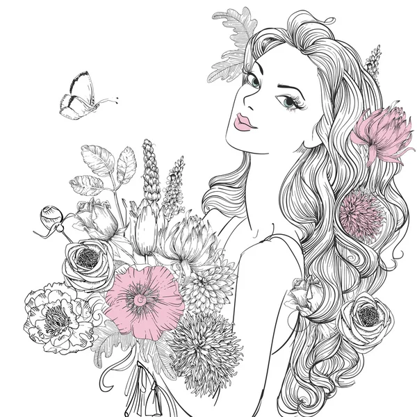 Fiatal gyönyörű nő wirh virágok — Stock Vector