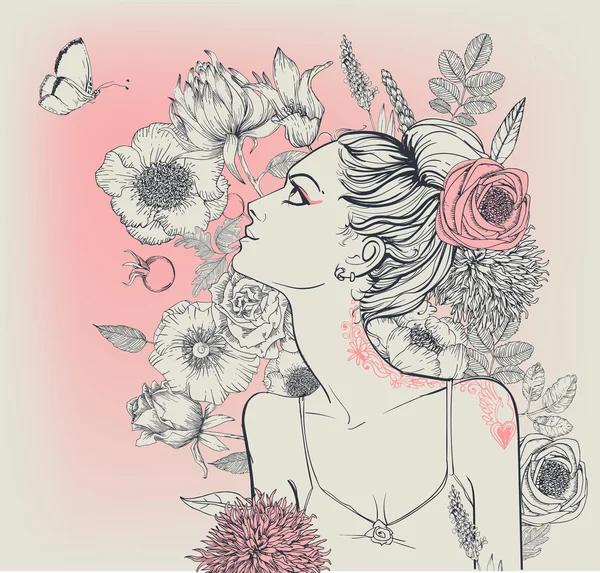 Ritratto di bella donna con fiori — Vettoriale Stock
