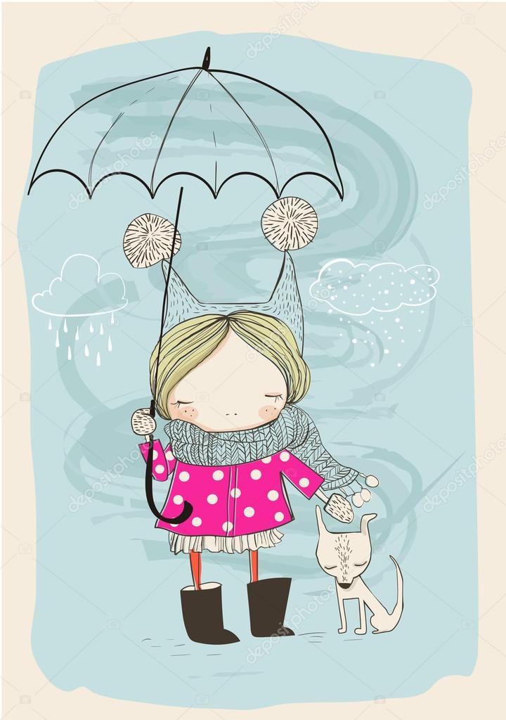 cute girl with dog and umbrella