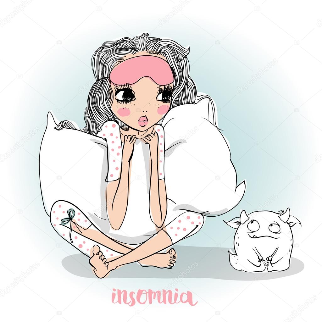 cute cartoon girl with pillow