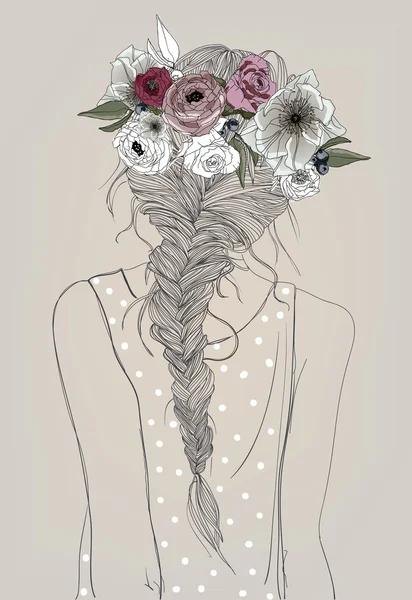 Linda chica con trenza y flores — Vector de stock