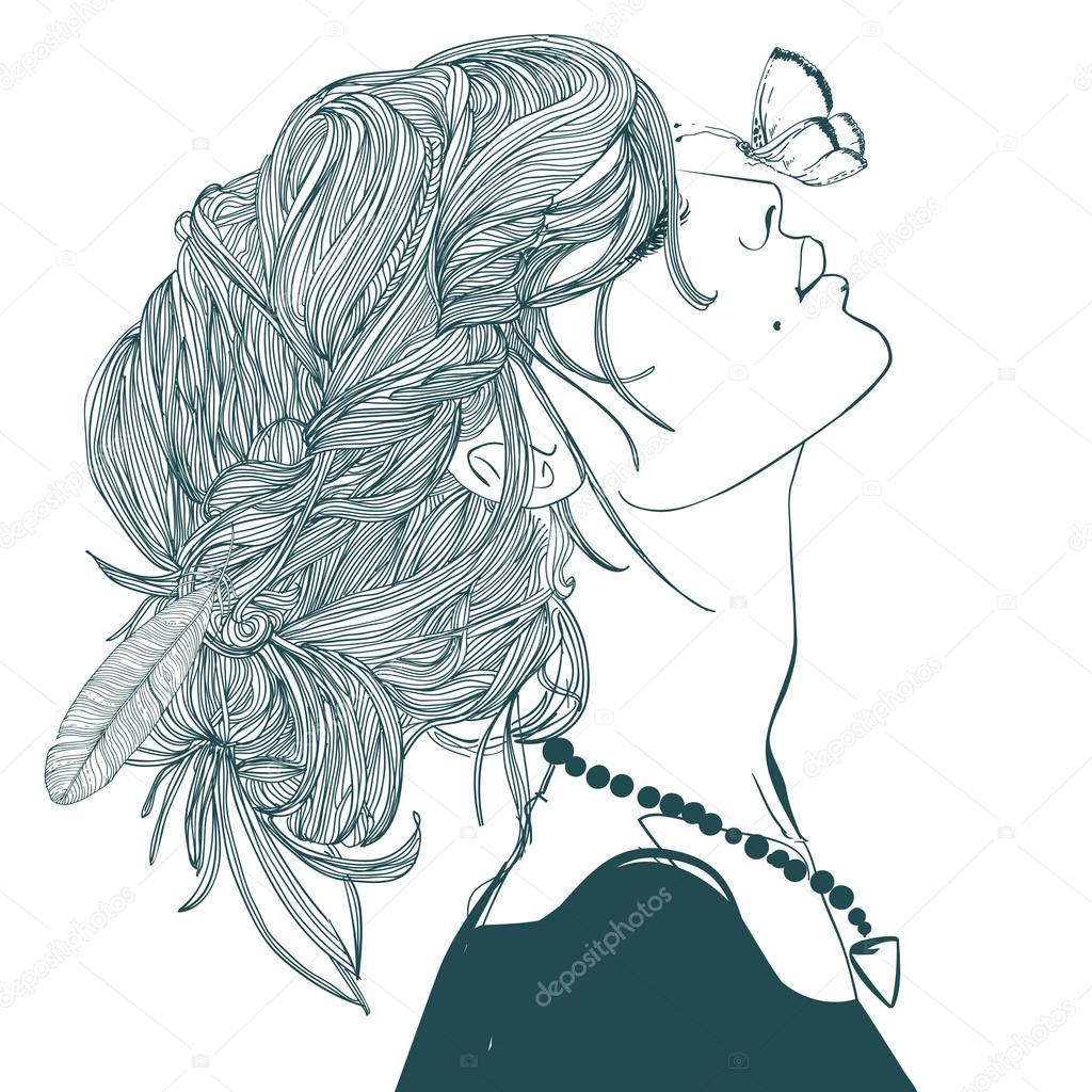 profile of beautiful woman with butterfly