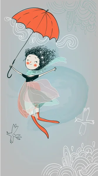 Mignon dessin animé fille avec parapluie — Image vectorielle
