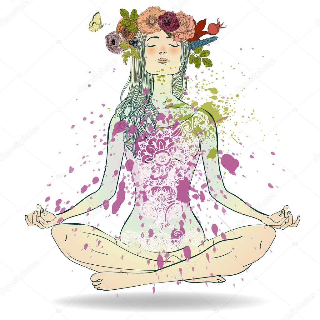 Beautiful Girl with floral wreath sitting in Lotus pose