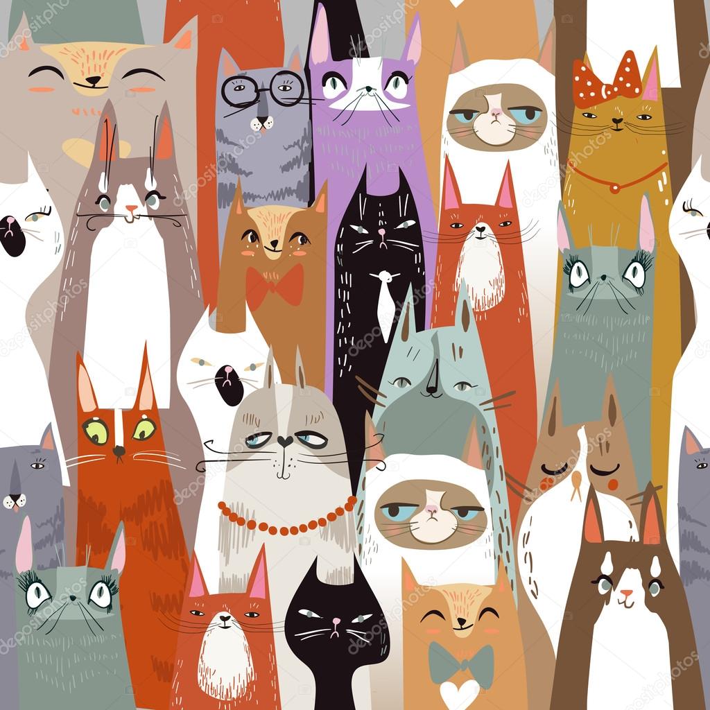 Funny cartoon seamless cats pattern