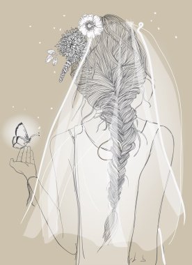 cute bride with a veil and braid clipart