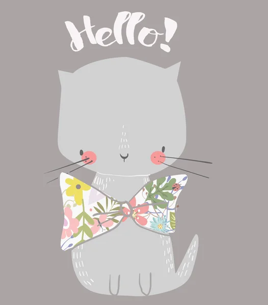 Lindo gato con arco floral — Vector de stock