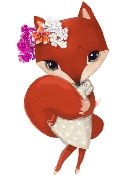 Simpatica ragazza volpe con corona floreale — Foto Stock