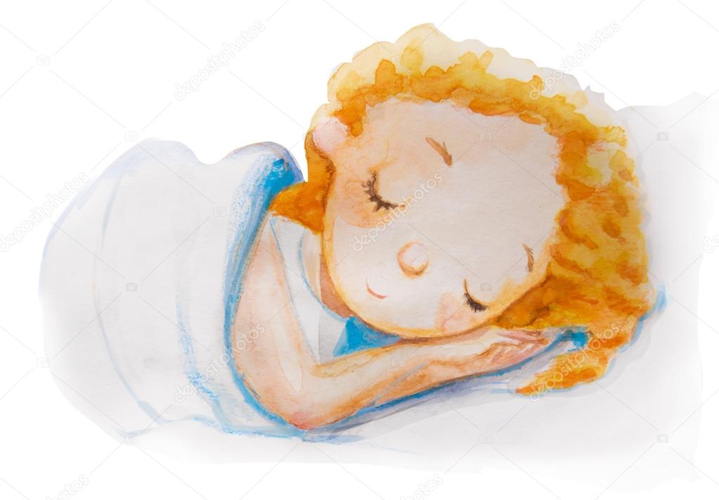 watercolor red haired sleeping girl