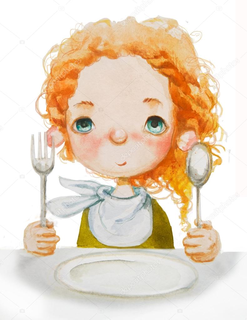 watercolor girl with fork and spoon