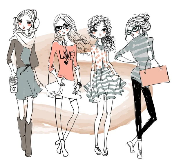 Bonito desenho animado hipster meninas —  Vetores de Stock