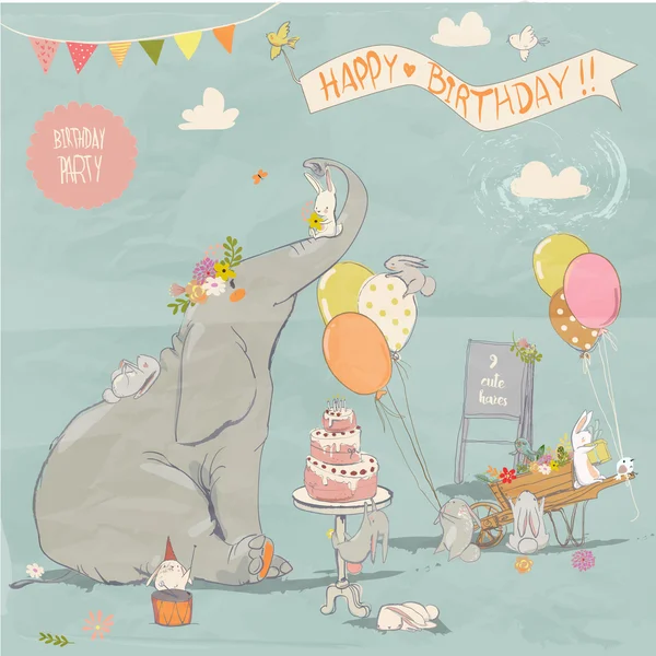 Schattig olifant met weinig hazen — Stockvector