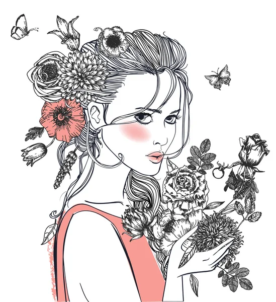 Joven hermosa mujer wirh flores — Vector de stock