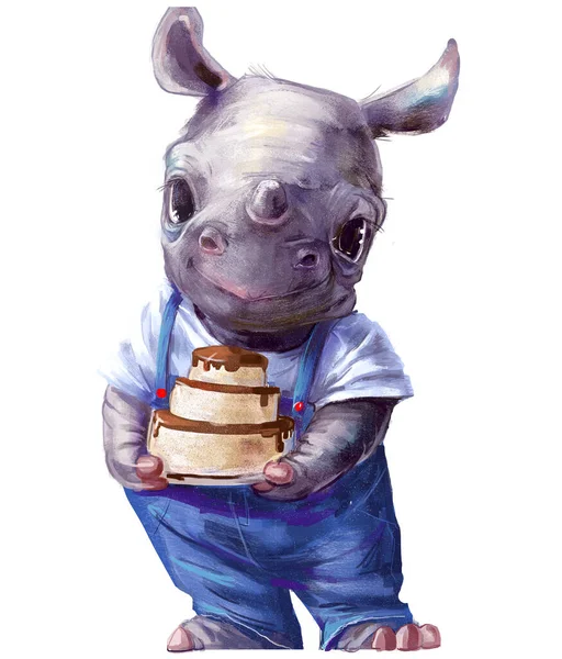 Mignon dessin animé petit rhinocéros avec gâteau d'anniversaire — Photo
