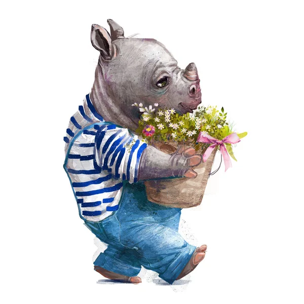 Cute cartoon little rhino with floral bouquet — Stock Photo, Image