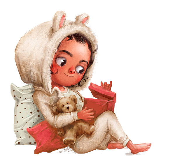 Niedliches kleines Cartoon-Mädchen mit Teddybär und Geschenkbox — Stockfoto