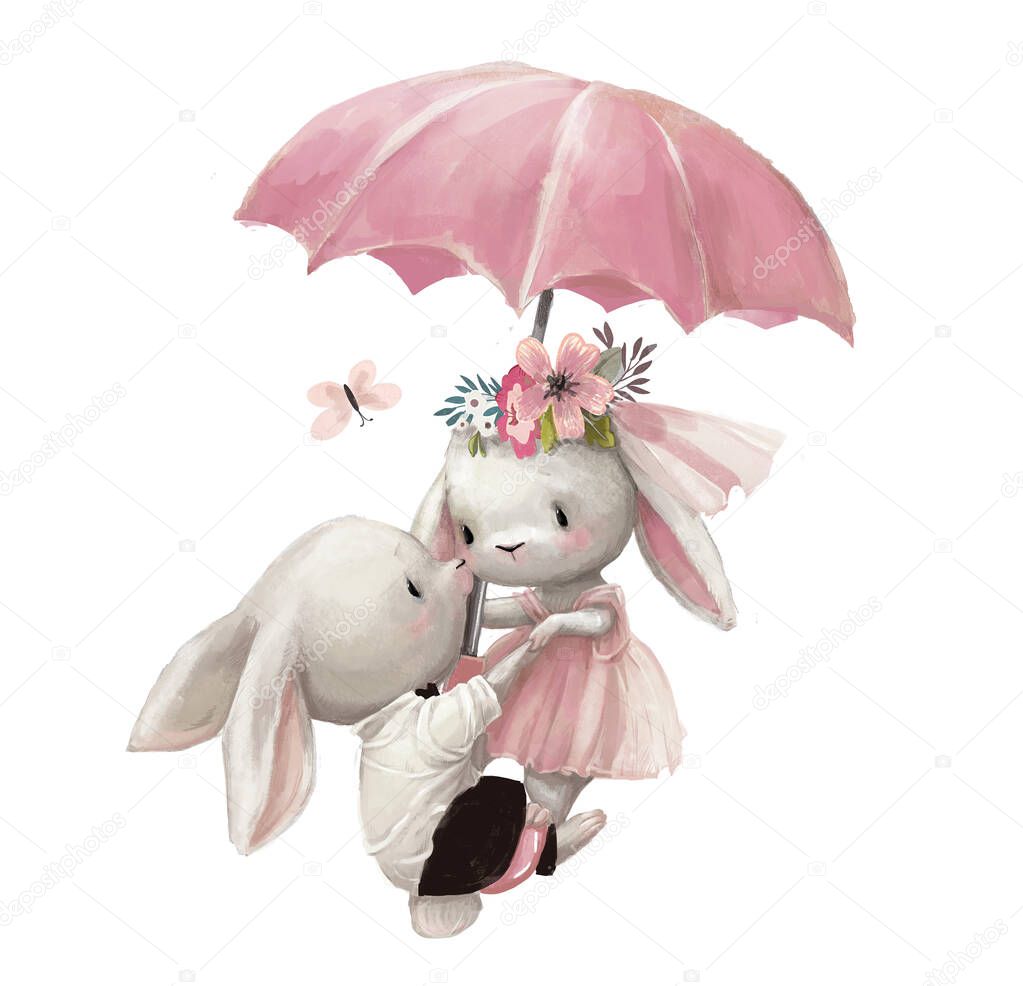 cute wedding couple of hares fly with umbrella