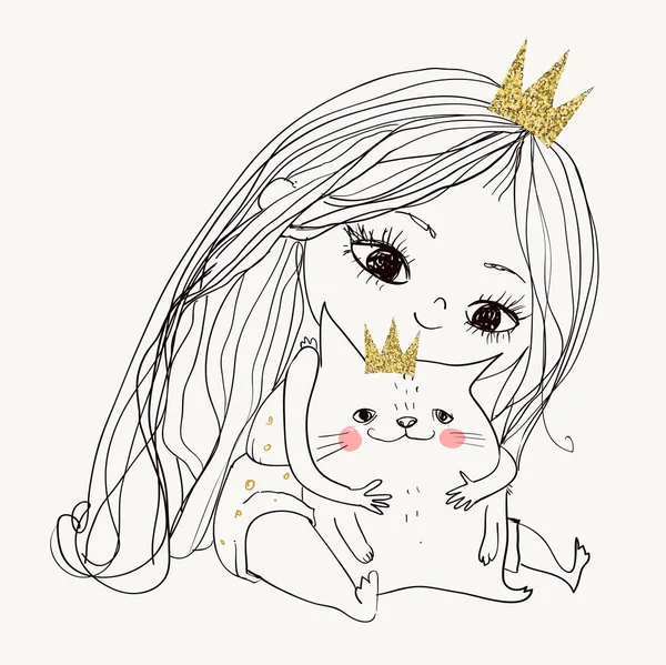 Mignonne petite jolie princesse fille avec chaton — Image vectorielle
