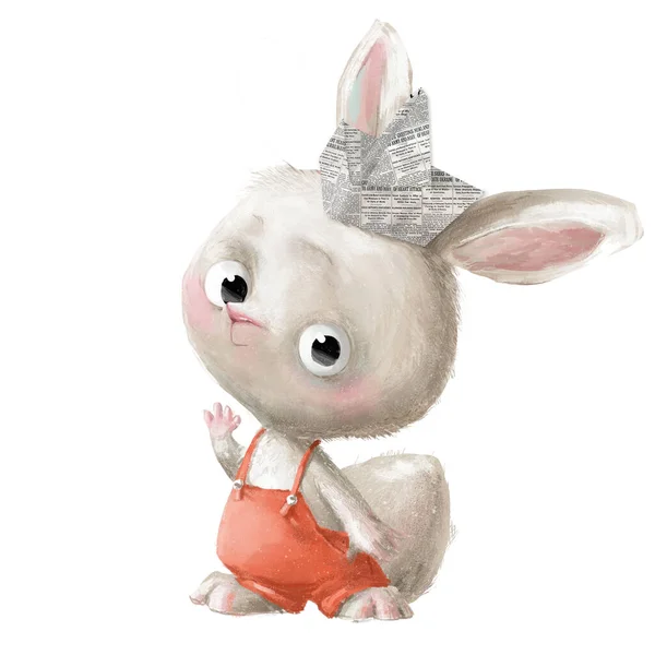 Drăguț mic desen animat alb iepure cu pantaloni — Fotografie, imagine de stoc