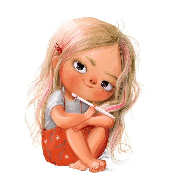 Linda niña rubia con lápiz —  Fotos de Stock