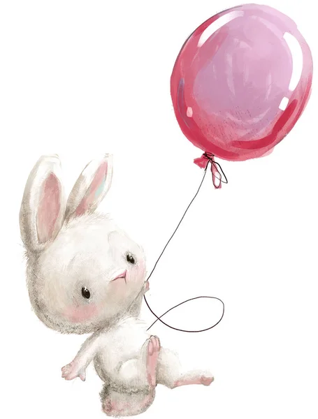 可爱的小卡通野兔带着气球飞翔 — 图库照片