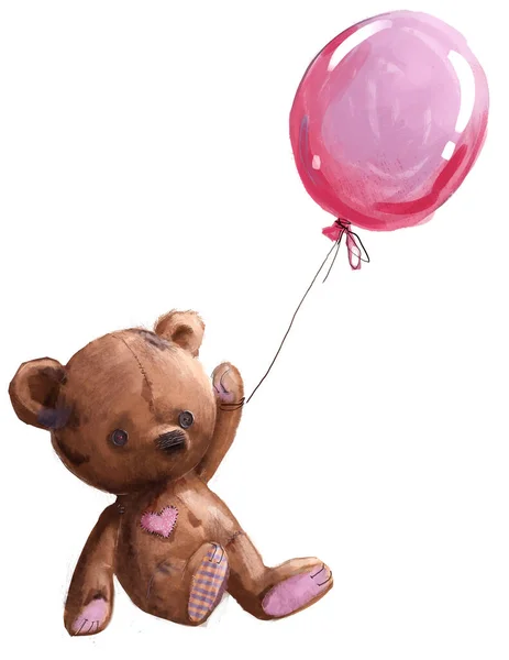 可爱的卡通玩具熊，粉色气球 — 图库照片