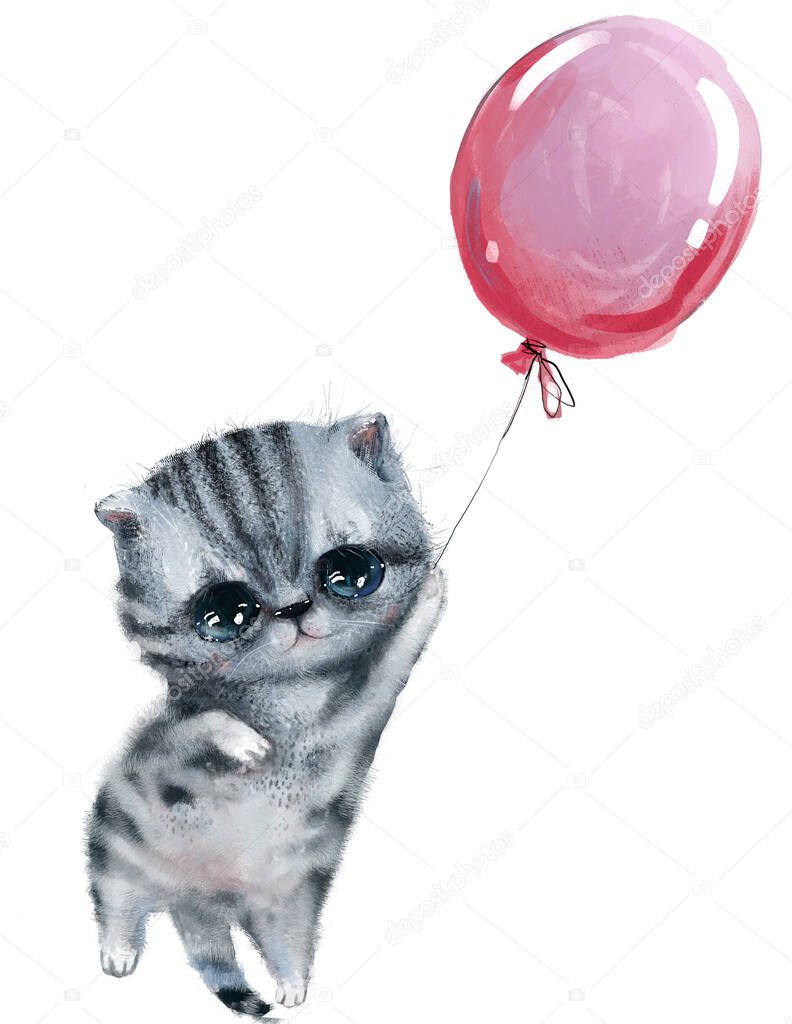 cute little kitten fly with pink balloon