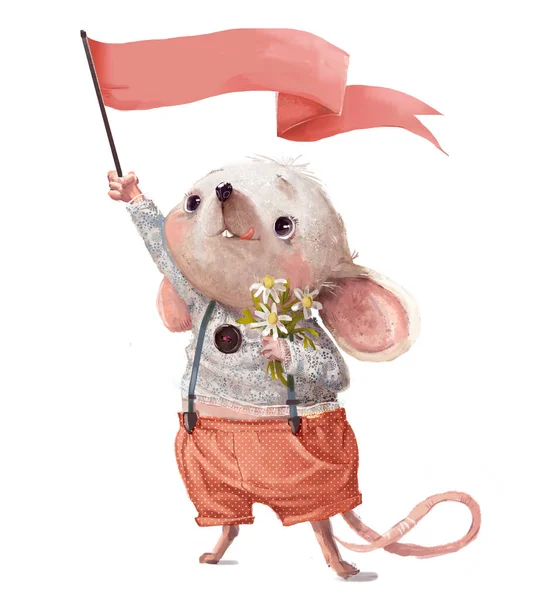 Kleine cartoon muis met roze vlag ang bloemen bouqet — Stockfoto