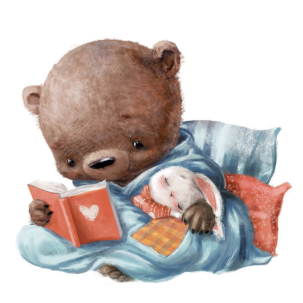 милый мультяшный плюшевый мишка с маленьким белым зайцем