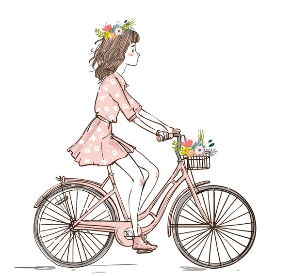 Lindo personaje de chica en la bicicleta con corona floral — Vector de stock